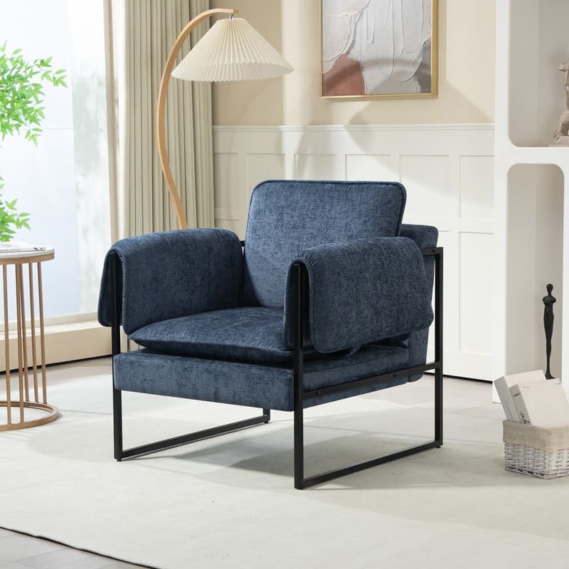 XINMICS Mid-Century Modern Accent Chair, Upholstered Armchair with Armrests and Metal Frame for Living Room, Bedroom - Blue