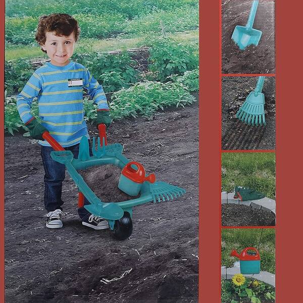 Shop Black Friday Deals On High Bounce Kids Plastic Wheelbarrow With Garden Accessories Gardening Gloves Watering Can Shovel Hoe Rake Fork And Hat Overstock 31609098