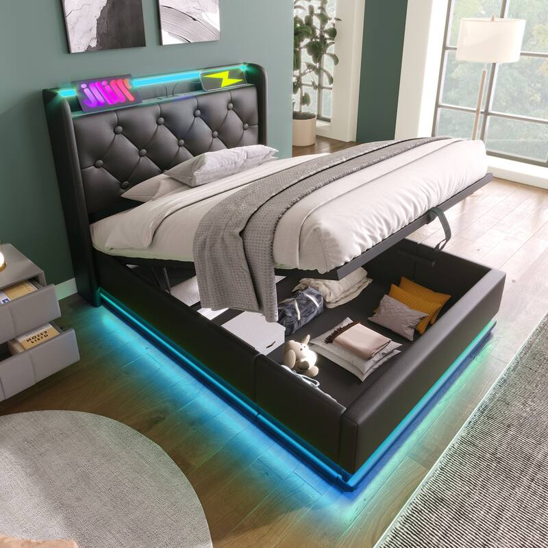 Metal Frame Storage Bed LED PU Upholstered Platform Bed, Twin