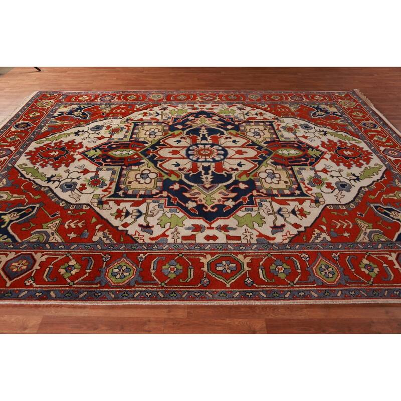 Ivory & Orange Heriz Serapi Indian Area Rug Handmade Wool Carpet - 8'11"x 11'9"