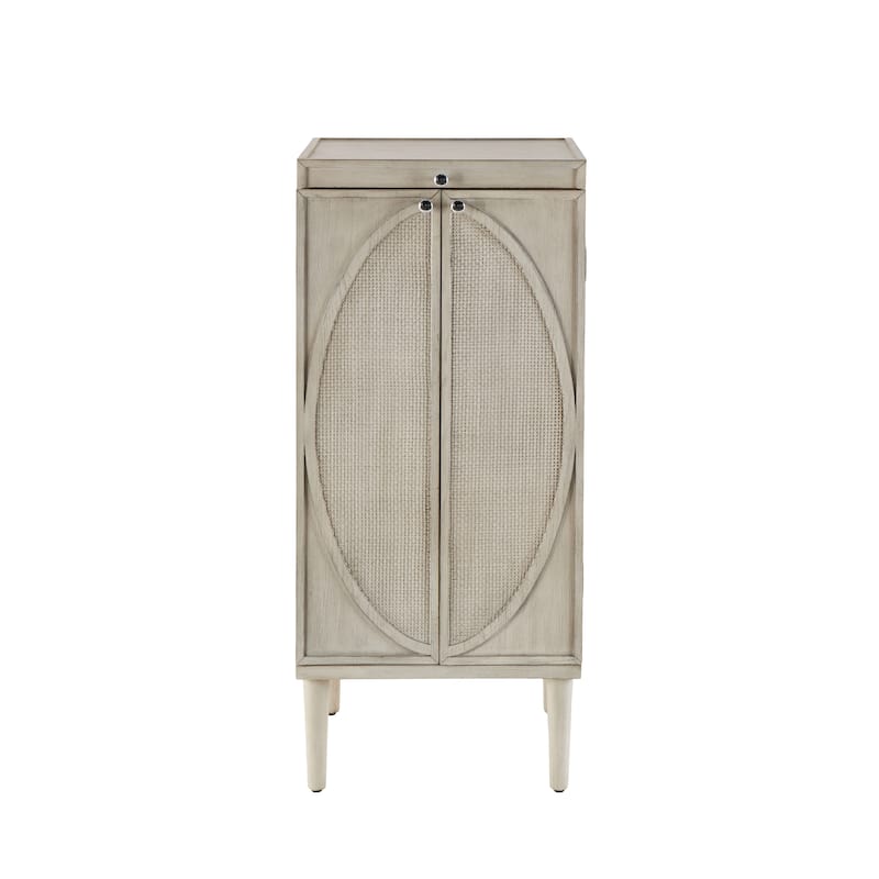 Wooden Geometric Oval Rattan Jewelry Cabinet with Mirrored Lift Top - Light Gray - Roche River Decor - 18"W x 20"L x 47"H