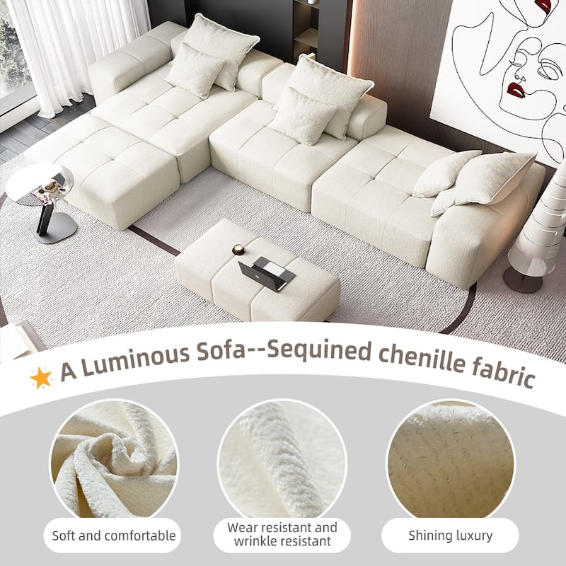 Modern Oversized Chenille Modular Sectional Sofa Tufted Sofa with 6 Pillows and Ottoman for Living Room