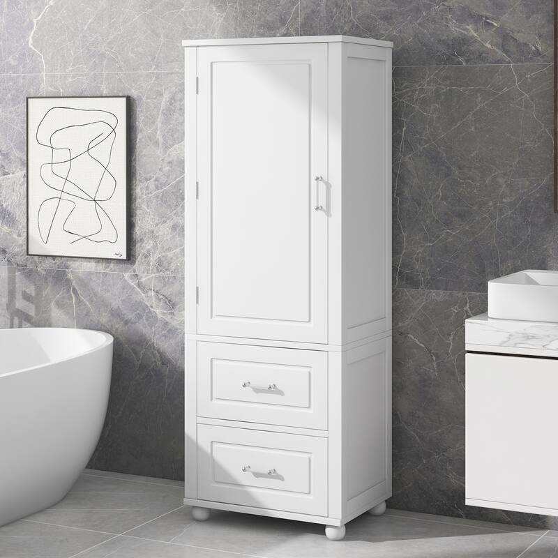 Freestanding Cabinet with 1 Door and 2 Drawers, Tall Bathroom Storage Cabinet, Wooden Pantry with Adjustable Shelf