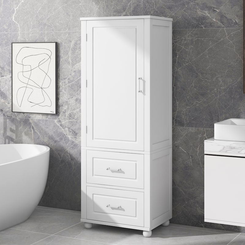 GDFStudio - Rowan Tall Freestanding Bathroom Storage Cabinet with Two Drawers and Adjustable Shelf