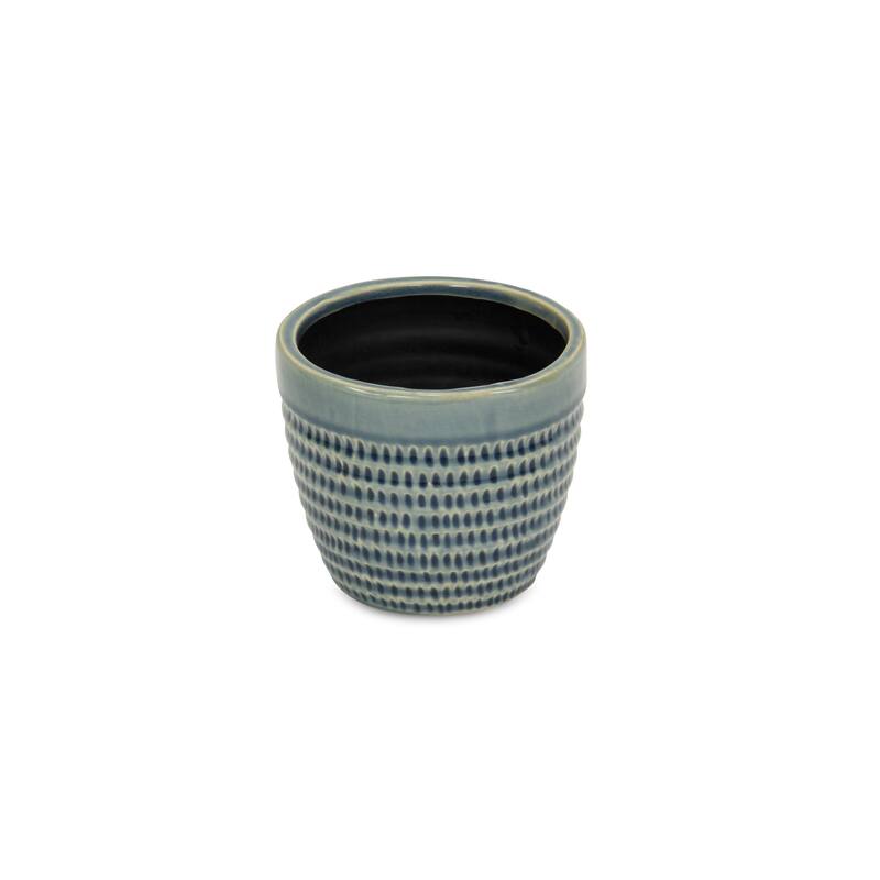 HomeRoots Blue Ceramic 22 Ounce Dotted Round Distressed Pot Planter - 5.25 in. x 4.25 in. x 5.25 in.