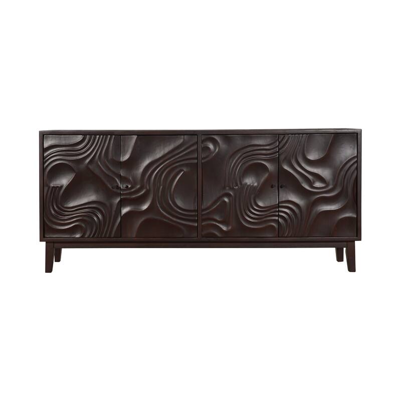 HomeRoots 80" Dark Brown Solid Wood Carved Abstract Sideboard with Four Doors - 80.00 in. x 36.00 in. x 16.00 in.