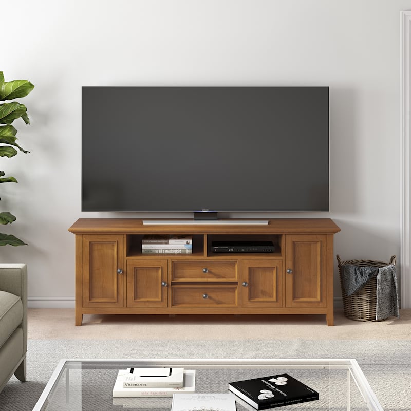 WYNDENHALL Halifax 72 inch Wide Solid Wood Transitional TV Stand - 72"w x 19"d x 26" h - Light Golden Brown