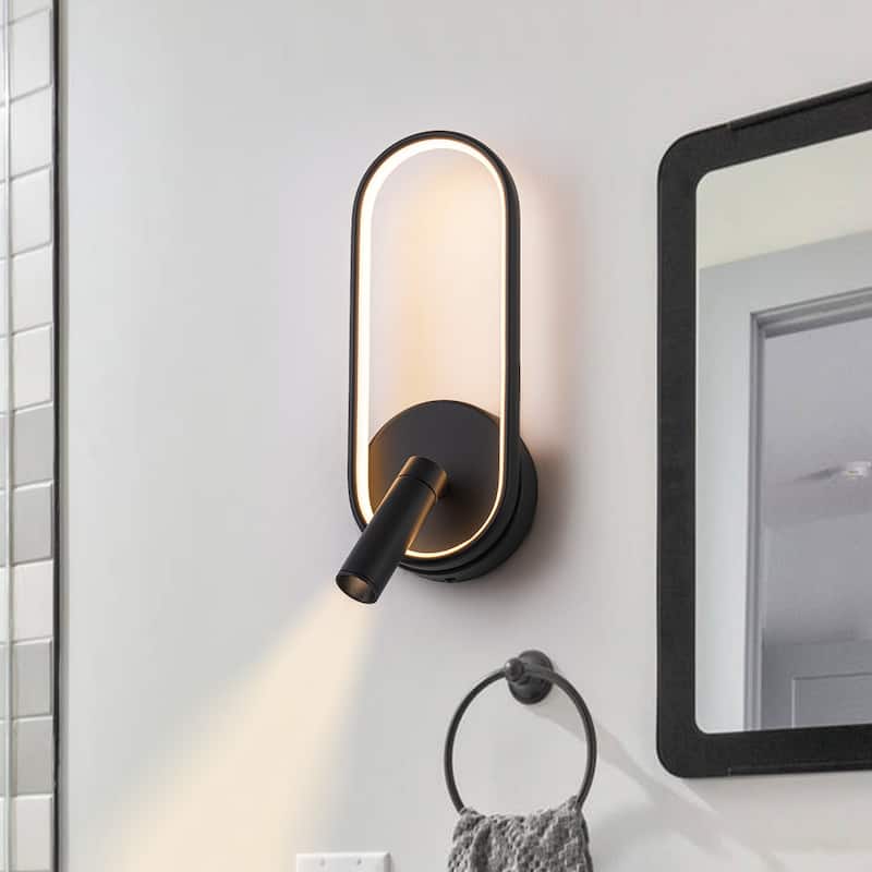 Modern Black LED Wall Sconce Oval Ring & Adjustable Spotlight Dimmable