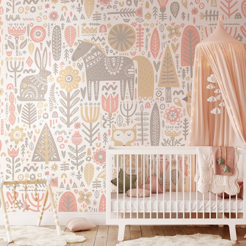 Peach Scandi Forest Animals Wall Mural