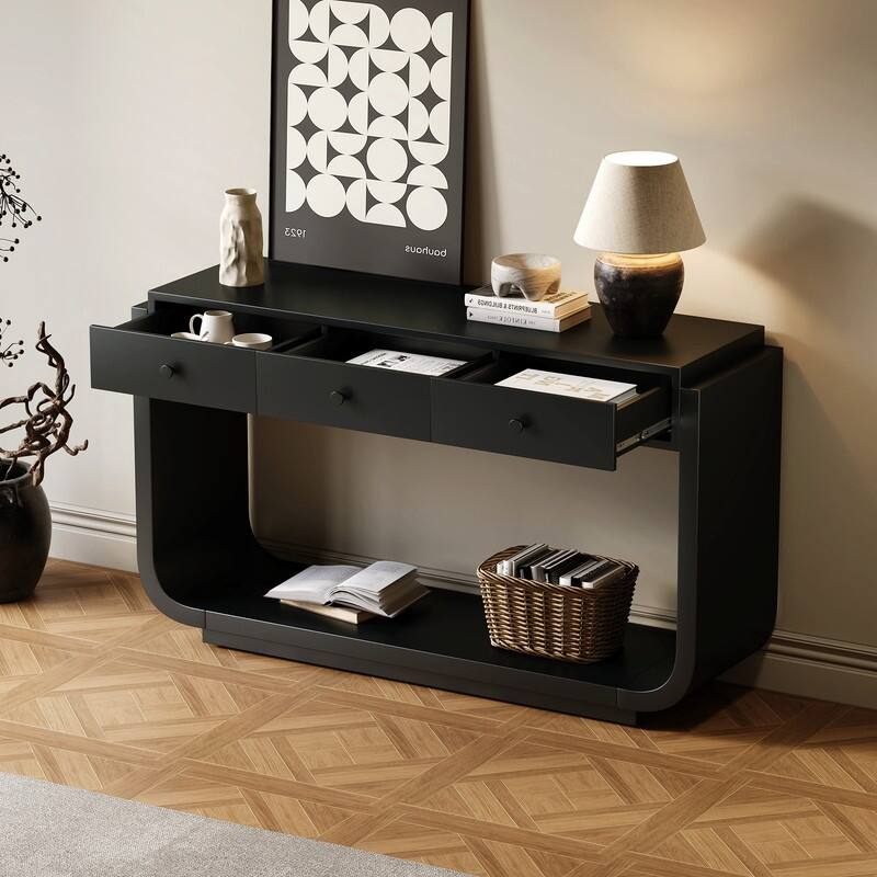 Mid-Century Modern Console Table with 3 Storage Drawers and Display Shelf for Entryway or Living Room Use