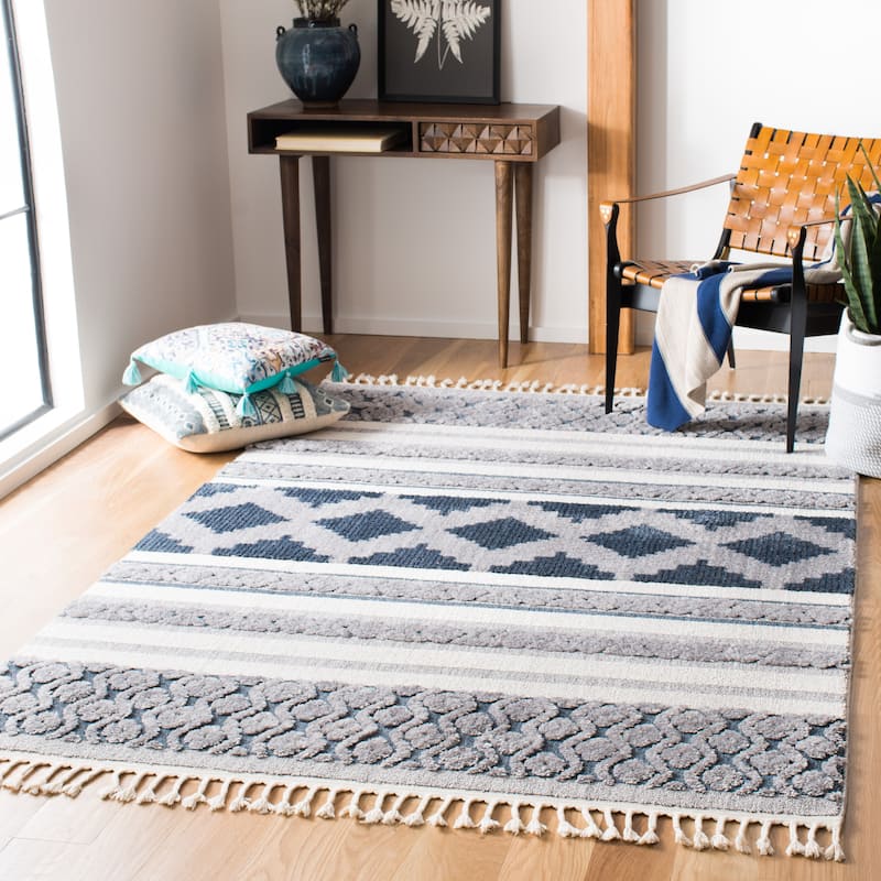 SAFAVIEH Marrakech Moroccan Madelene Boho Braided Tassel Area Rug - 3' x 5' - Ivory/Blue
