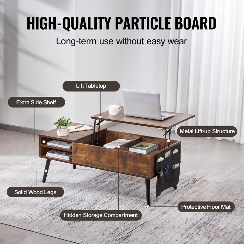 Lift Top Coffee Table with Storage Drawers and Open Shelf, 39.4 in - 39.37 x 19.61 x 15.75 in
