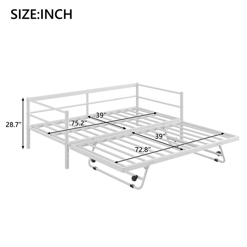 Twin Size Metal Daybed with LED Light, Adjustable Trundle, White
