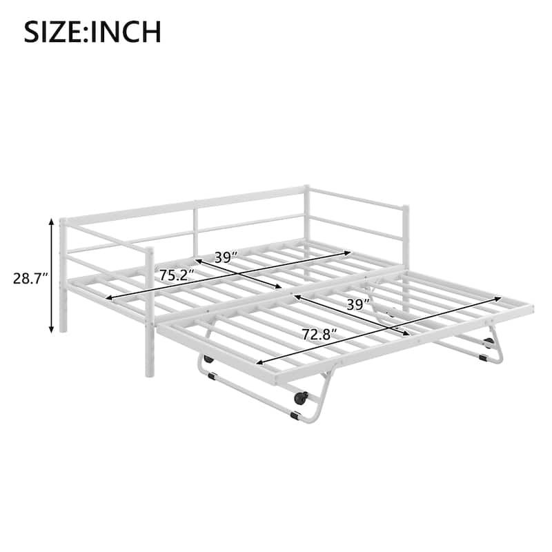 Twin Size Metal Daybed with LED and Trundle, Heavy Steel Sofa Bed Frame, Living Room Twin LED Sofa Bed with Pop Up Trundle