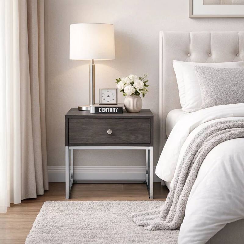 Wooden End Table with Tubular Metal Base and Spacious Drawer, Gray and Silver