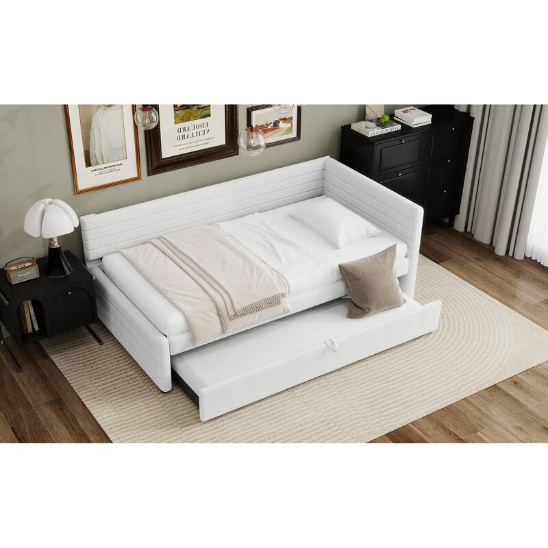 Twin Size Upholstered Daybed with Roll-Out Trundle, Space-Saving Wooden Frame, No Box Spring Needed