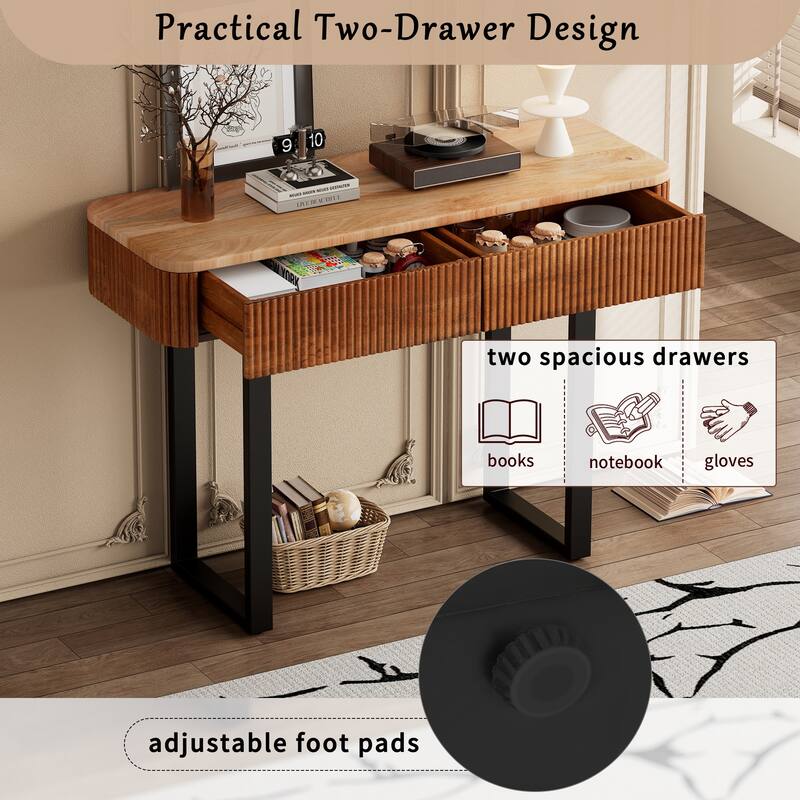 Solid Wood Entryway Table, Narrow Sofa Table with Storage Drawers & Metal Legs, with Fluted Hallway Tables Console Table Natural