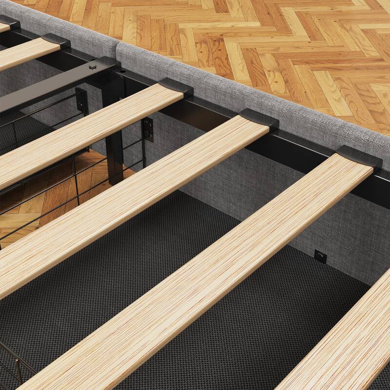 Upholstered Platform Bed Frame with Led Lights and Storage Rack, 4 Under-bed Storage Drawers, No Box Spring Needed, Metal Frame