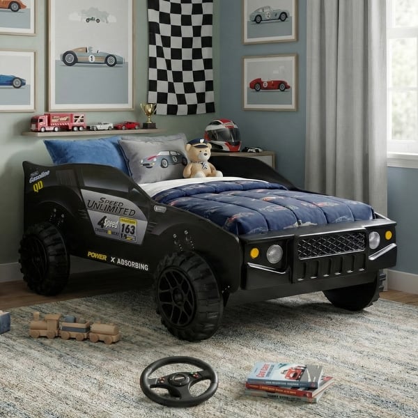 slide 2 of 8, Toto Modern Black Twin Off-road Car Kid Bed with Wheels by Furniture of America Black