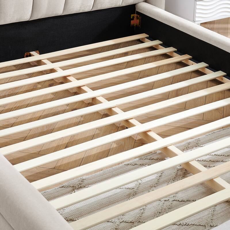 Queen Upholstered Platform Bed with Headboard - Thick Chenille Fabric, Modern Design, Beige (87''x67''x23.5'')