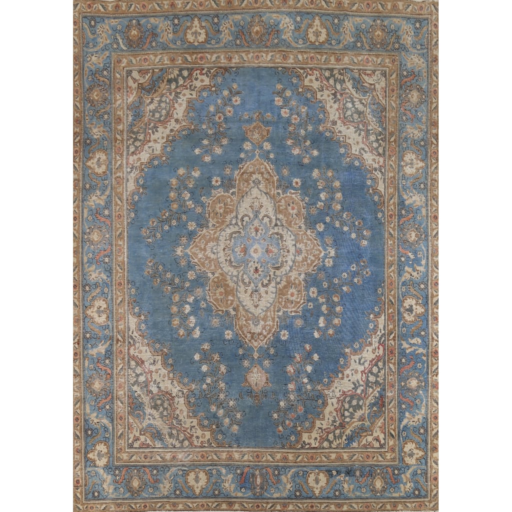Blue Floral Tabriz Persian Vintage Area Rug Hand-Knotted Wool Carpet - 9'5"x 12'0"