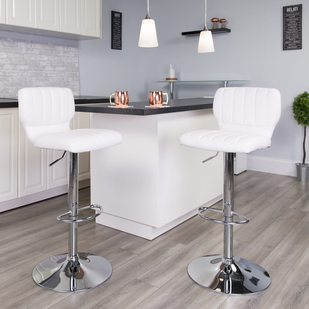 Vinyl Adjustable Barstool with Vertical Stitch Back (Set of 2)