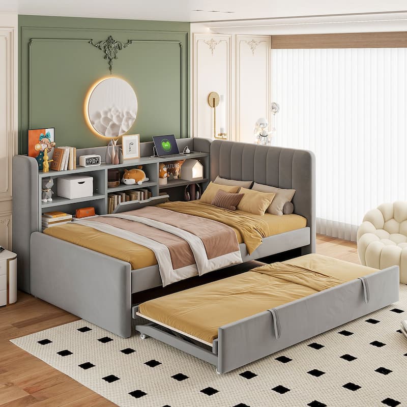 Velvet Upholstered Daybed with Vertical Striped Headboard, Wooden Platform Bed Frame wTrundle Bed, Storage Shelves, USB & Outlet - Gray - Twin