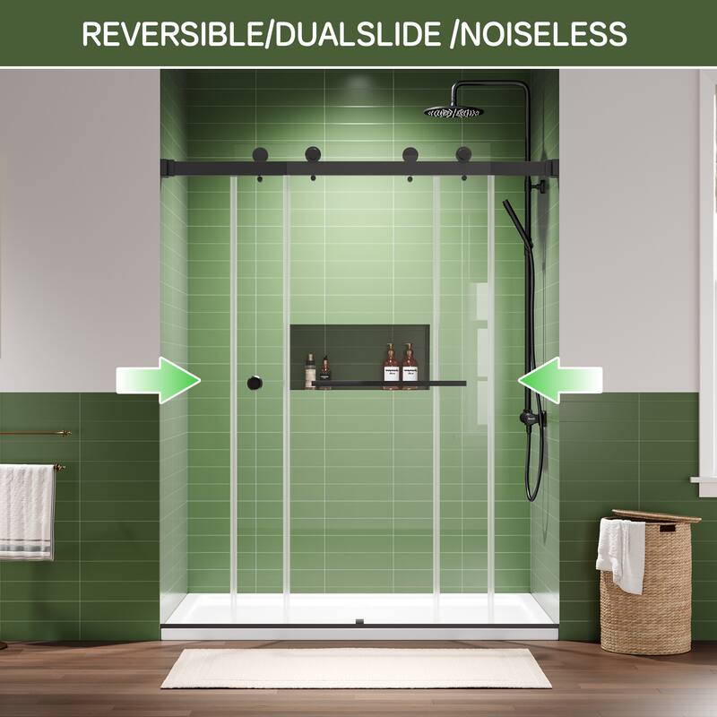 72" x 59" Frameless Double Sliding Shower Door, 8mm Easy-Clean Tempered Glass, 304 Stainless Hardware, Reversible