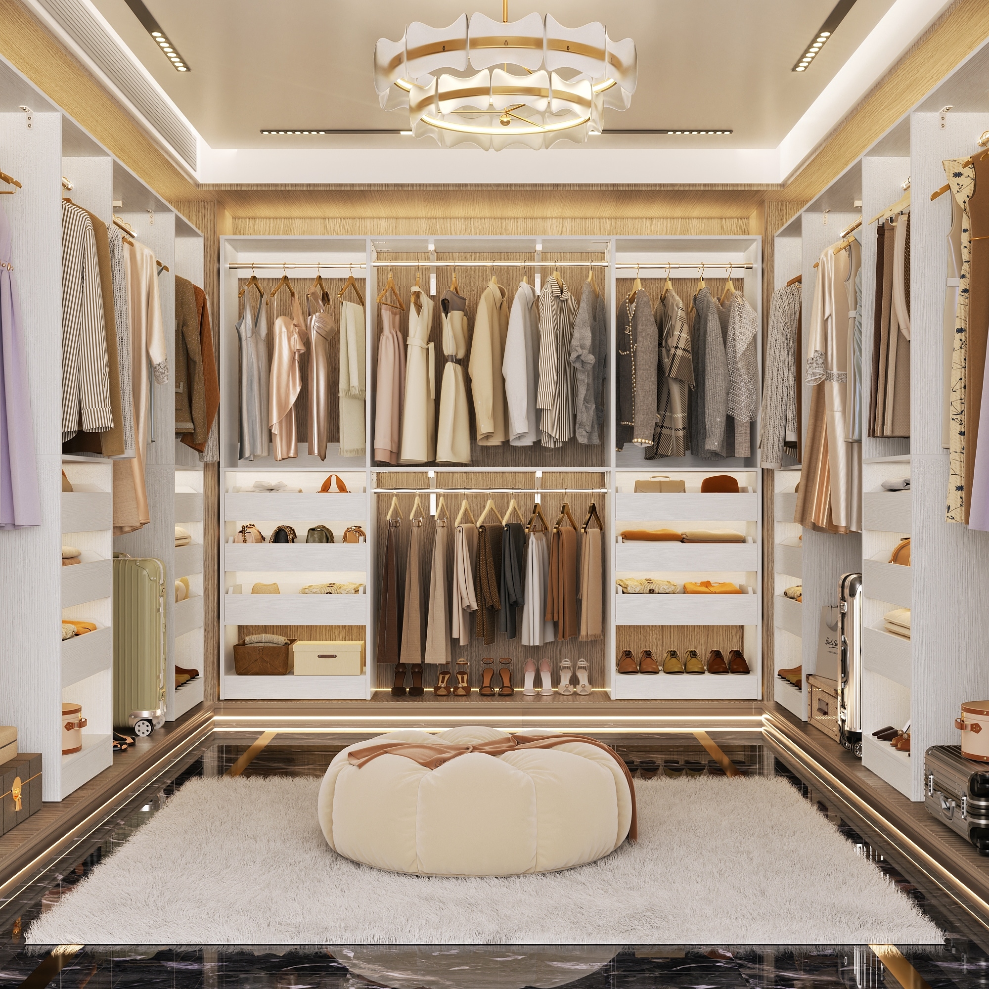 Rackcog 80"-120" W Closet System With 6 Wooden Drawers and 4 Hanging Rods,Sturdy Walk-in Closet Organizer with Storage Shelves