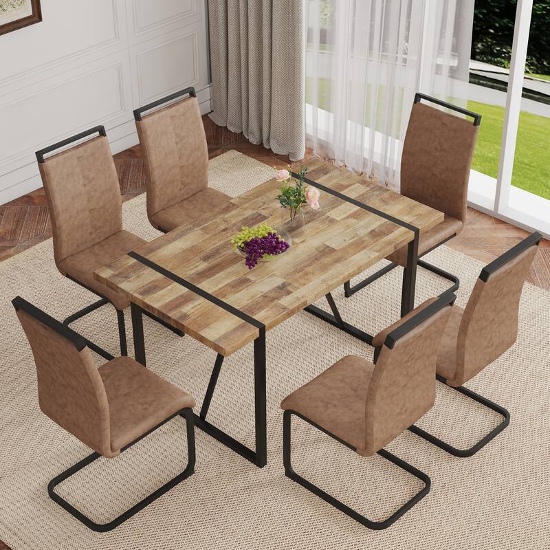 Roomfitters 5/7pcs Retro Style Dining Table Set with Technology Fabric Chairs and Arched Black Metal Legs, Brown