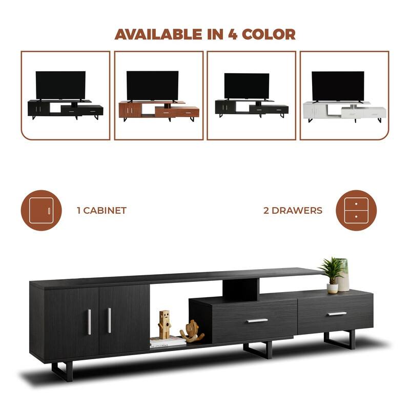 Avery 55 Inch Modern TV Stand with Steel Base, 2 Drawers, and Open Shelves - Entertainment Console for Living Room or Bedroom