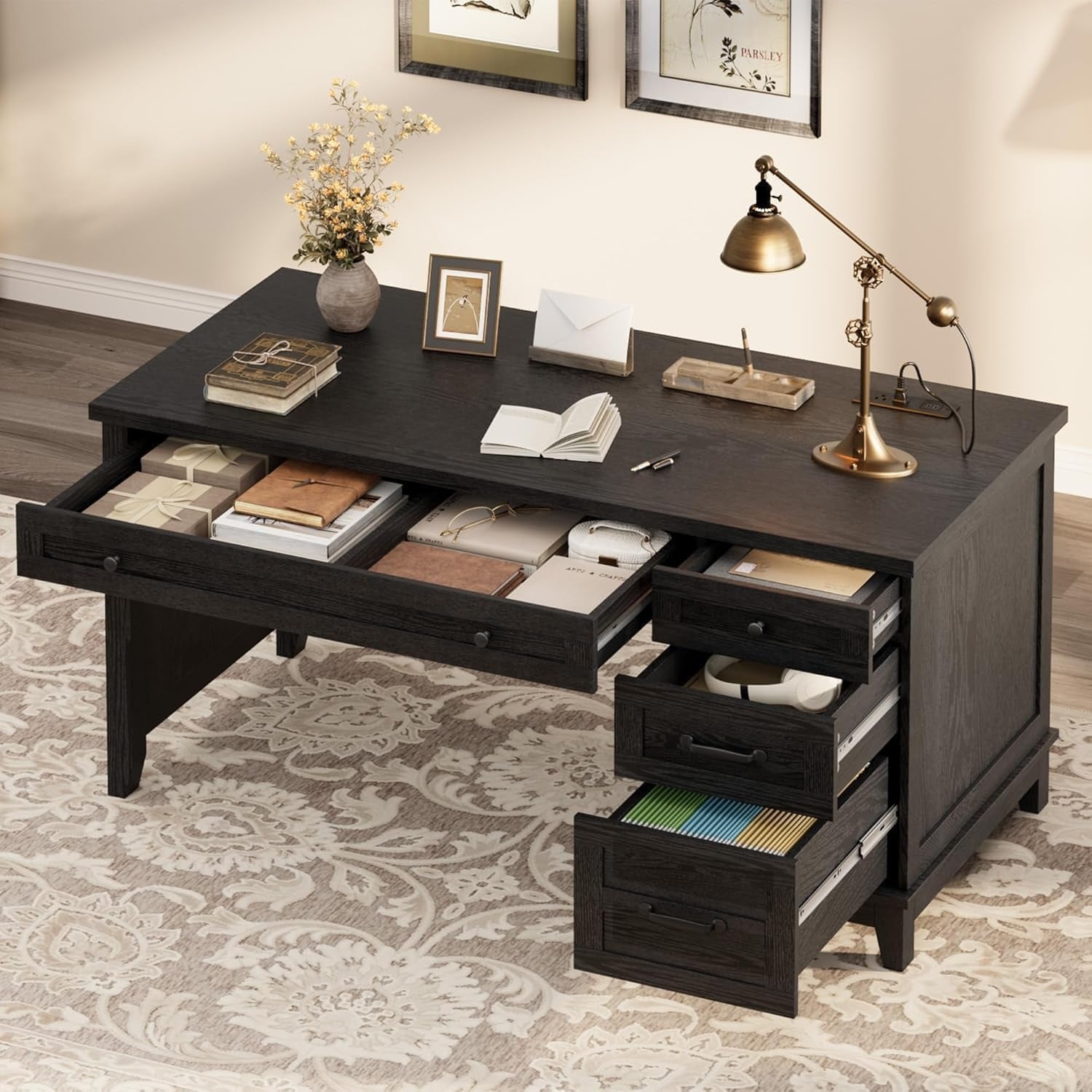 53.5-Inch Farmhouse Desk, Computer Desk with 4 Drawers, Multifunctional Office Desk for Living Room, Study, Home Office