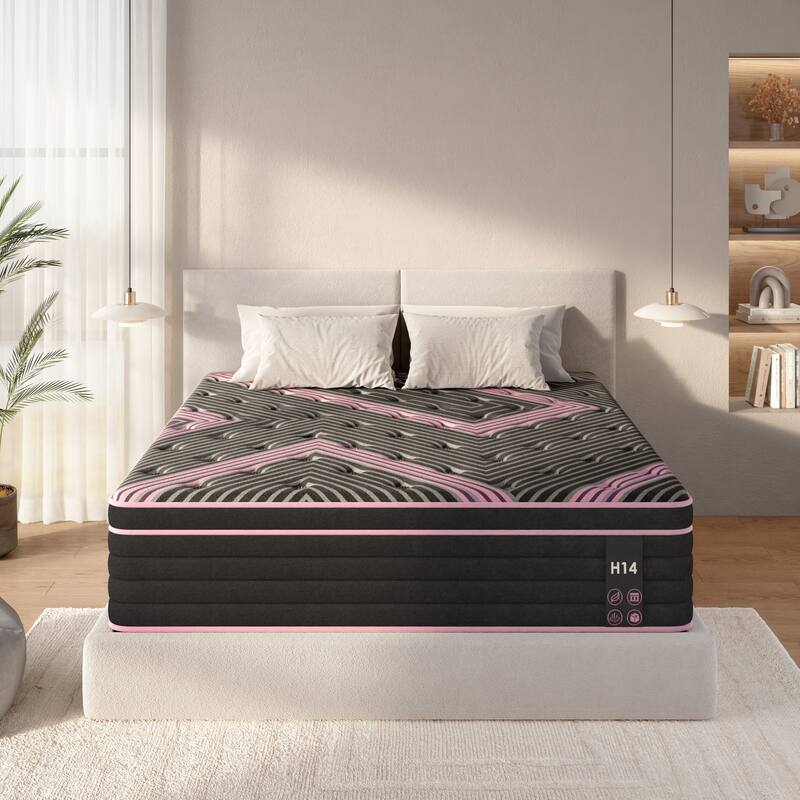 King Size Mattress,14 Inch Hybrid Mattress, Individually Pocketed Innerspring, Medium Firm - Pink