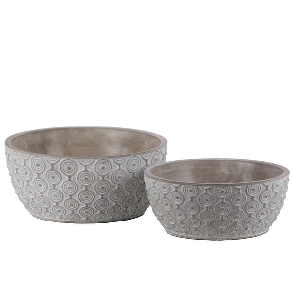 Cement Low Round Embossed Concentric Circle Design Pot, Set of 2, Gray