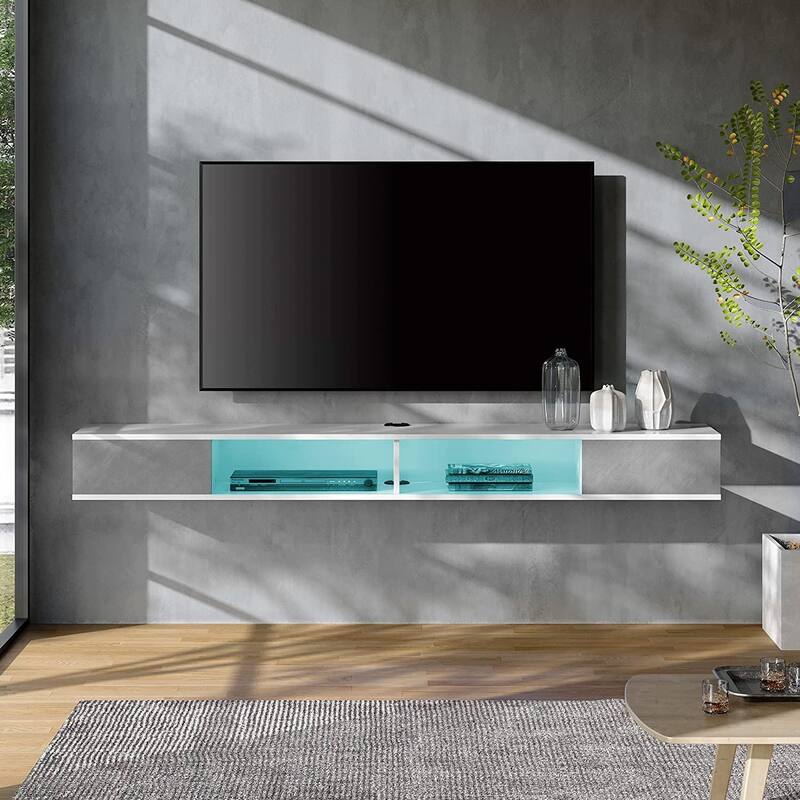 WAMPAT 70 Floating TV Stand Wall Mounted, Floating Entertainment Center for Living Room Bedroom, White&Grey - White&Grey&16 Colors Lights
