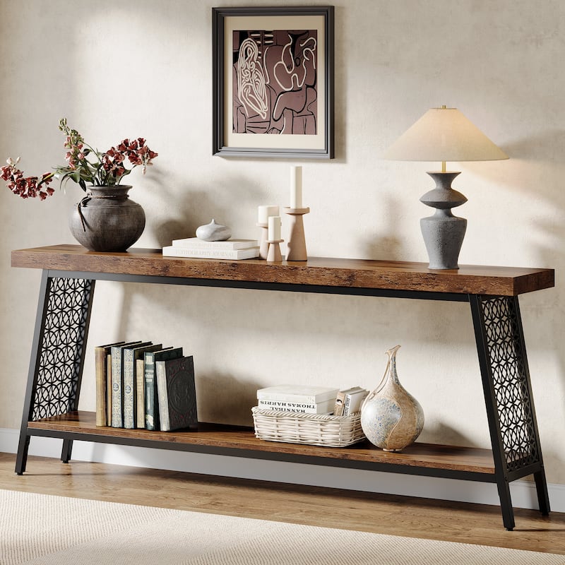 70.9" Extra Long Console Table, 2-Tier Sofa Table, Industrial Entryway Table for Living Room - Brown/Black - Brown/Black
