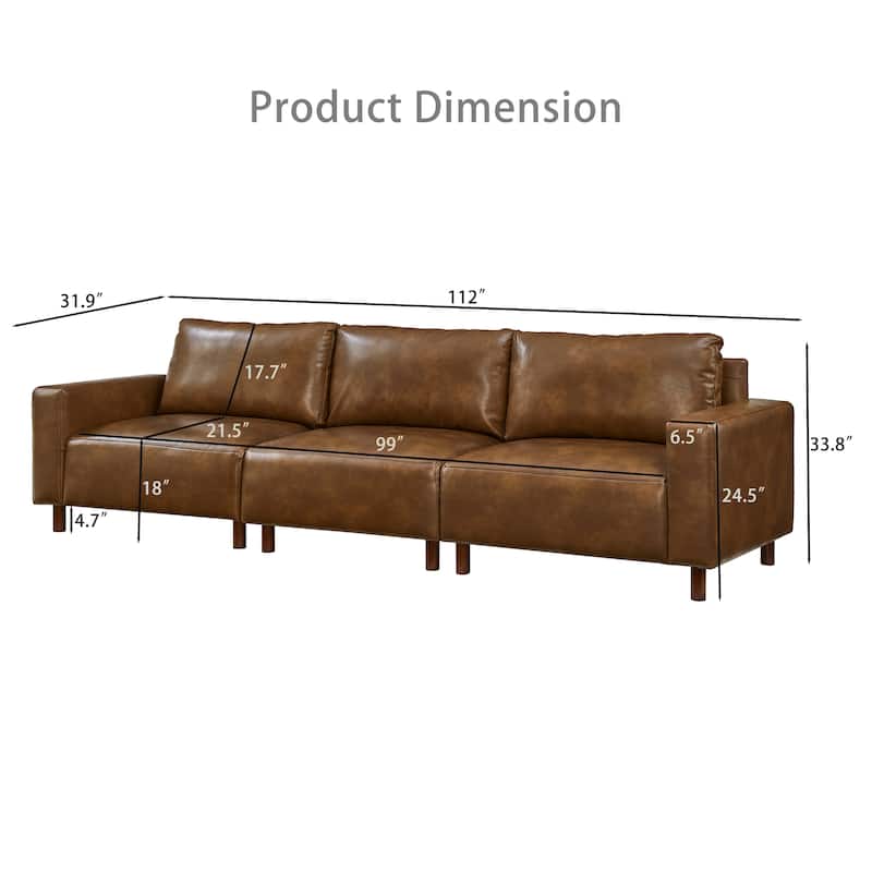 Roomfitters 112" Modern Extra Large 4-Seater Sofa, PU Leather Sectional Couch with Solid Wood Legs for Living Room