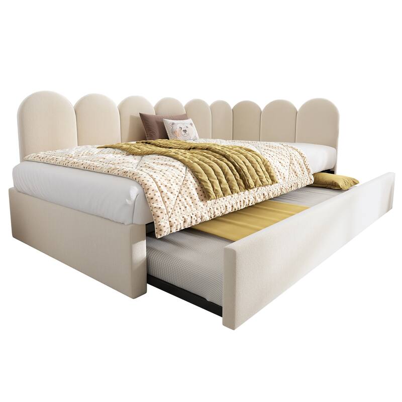 Twin Size Velvet Upholstered Daybed with Pull-Out Trundle, Metal Frame, Beige