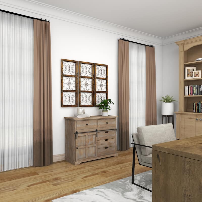 Brown Wood Distressed Panel Scroll Home Wall Decor with Bronze Metal Scrollwork