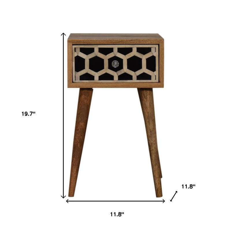 HomeRoots 20" Black White And Brown Solid Wood Geometric Bone Inlay One Drawer Nightstand