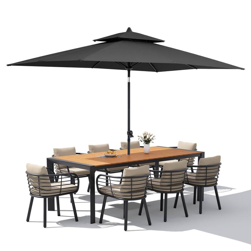 9/11-Piece Outdoor Patio Dining Set w/10 ft Umbrella and Base Aluminum Dining Table and Dining Chairs with Sunbrella Cushions