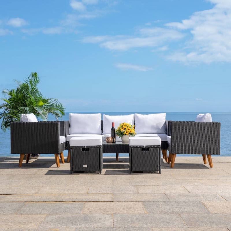 SAFAVIEH Outdoor Gojka 6-Piece Wicker Patio Set with Sofa, Chairs, Ottomans and Glass Top Coffee Table - 69W x 26D x 27H