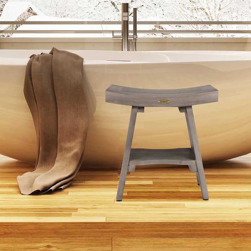 CoastalVogue Serenity Antique Gray Teak Wood Shower Stool with Curved Seat 18-inches Wide x 18-inches High