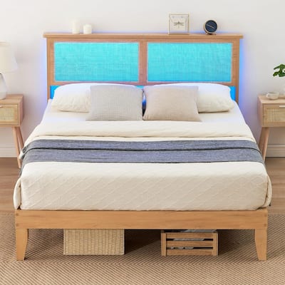 Bed Frame with Natural Rattan Headboard, LED Lights, No Box Spring Needed