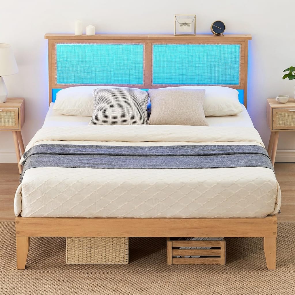 Bed Frame with Natural Rattan Headboard, LED Lights, No Box Spring Needed