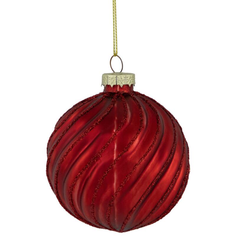 Glittery Swirls Glass Christmas Ball Ornaments - 3" (80mm) - Red - 4ct