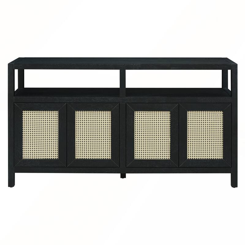 Rattan Buffet Storage Cabinet with Solid Wood Frame