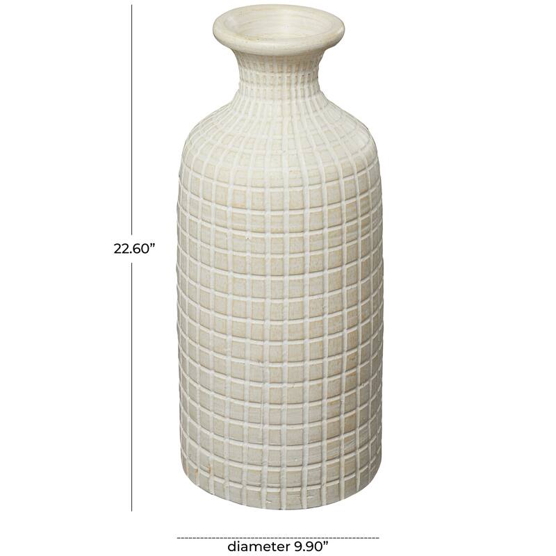 Cream Ceramic Textured Geometric Decorative Vase with Checkered Pattern - 10"W, 23"H