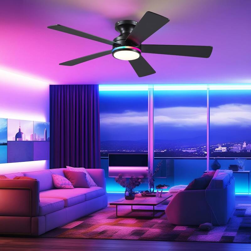 46 Inch Flush Mount Ceiling Fan with Light 5 Reversible Dual Side Blades for Bedroom,Living Room,Patio - 46 Inches