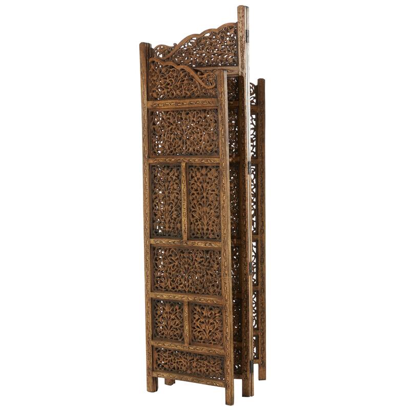 Wooden Floral Handmade Foldable Arched 4 Panel Room Divider Screen with Intricately Carved Designs - Brown - Roche River Decor